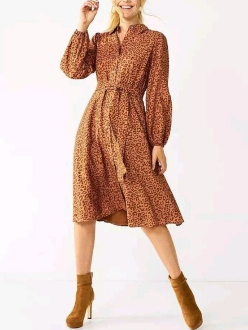 Nine West Rust Brown Leopard Print Long Sleeve Midi Dress